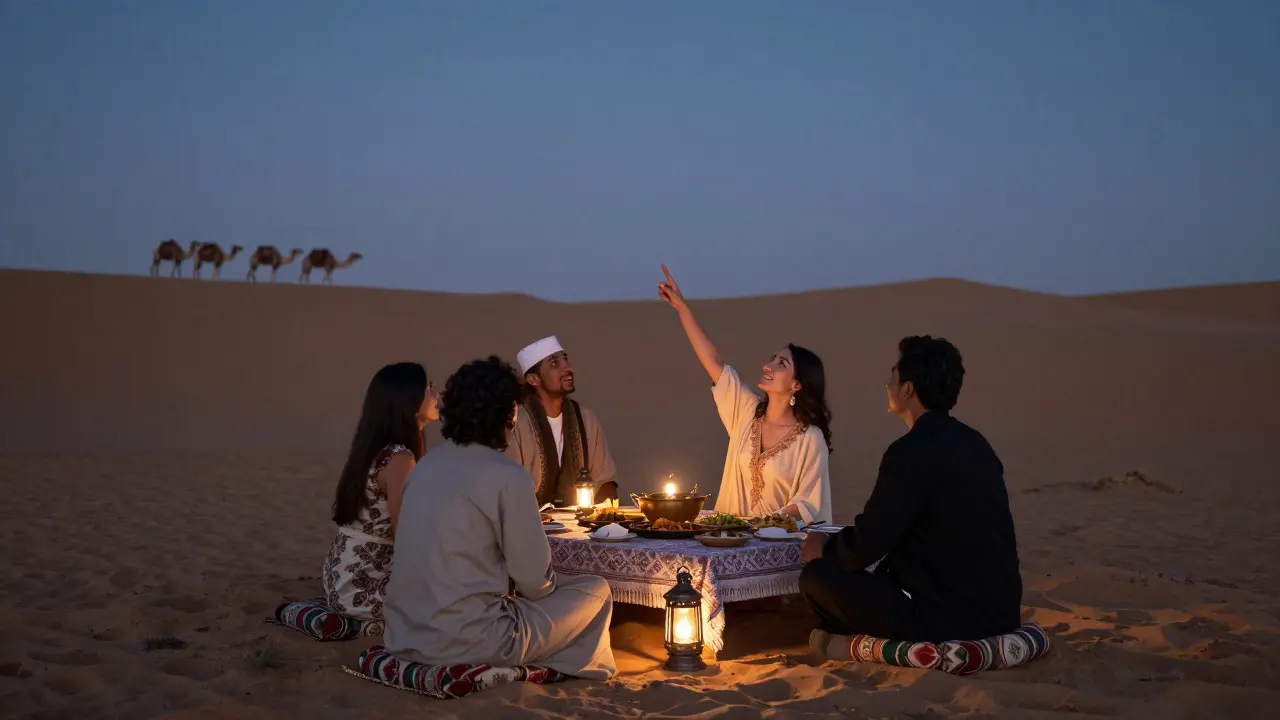 A companion and guest share a quiet desert dinner under lantern light, gazing at stars above the dunes.