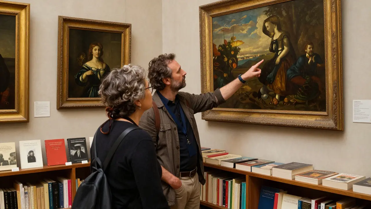 A companion guides a guest through an intimate Parisian art gallery, discussing a painting with quiet enthusiasm.