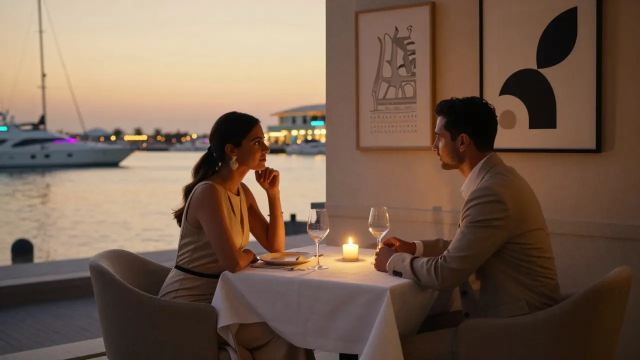 A couple sharing a quiet dinner at Zuma restaurant, bathed in candlelight with Dubai Marina glowing in the background.