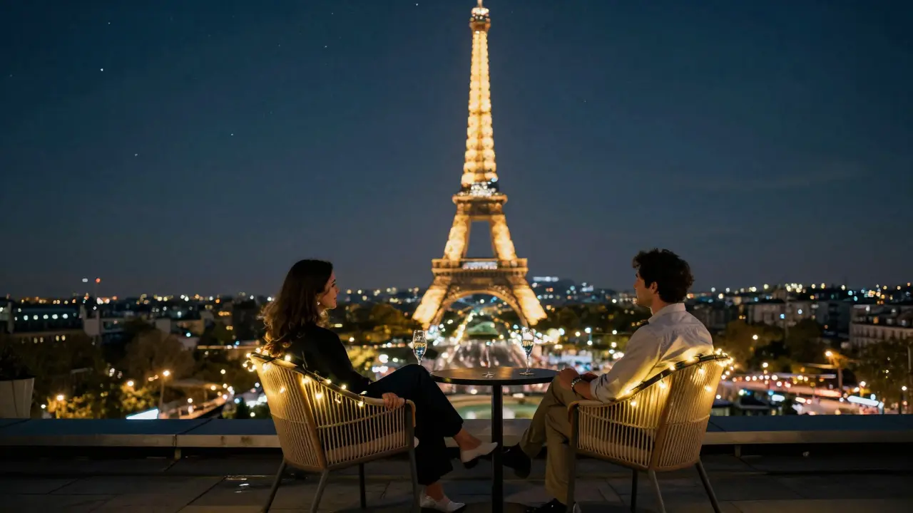 A couple sits on a rooftop terrace watching the Eiffel Tower sparkle against the Paris night sky.