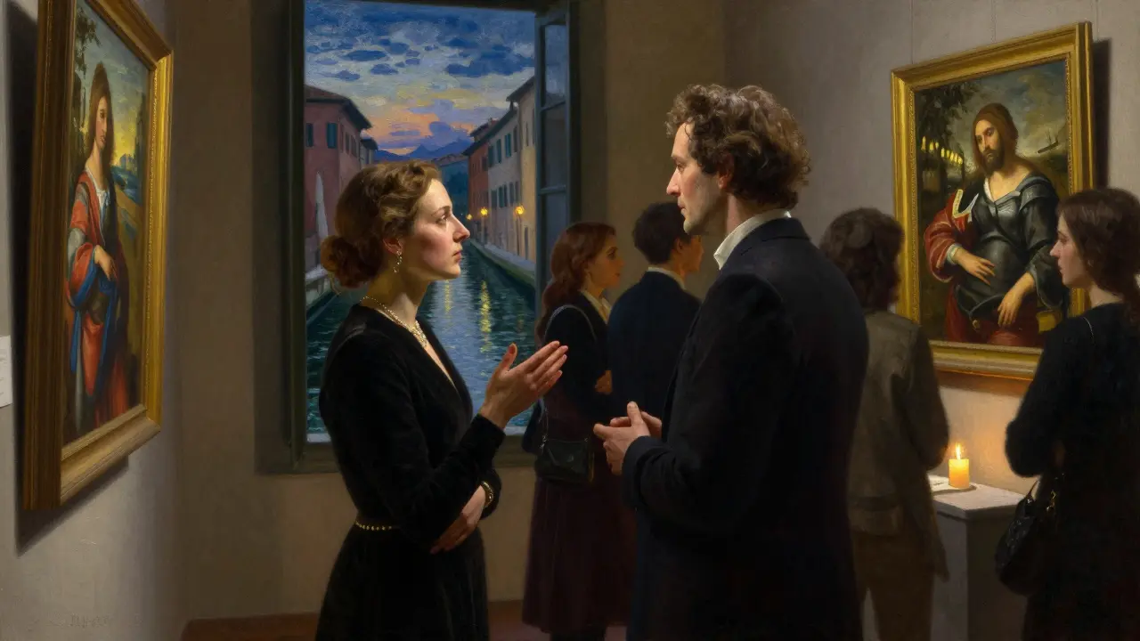 A couple viewing art in a private Milan gallery, illuminated by soft spotlight.