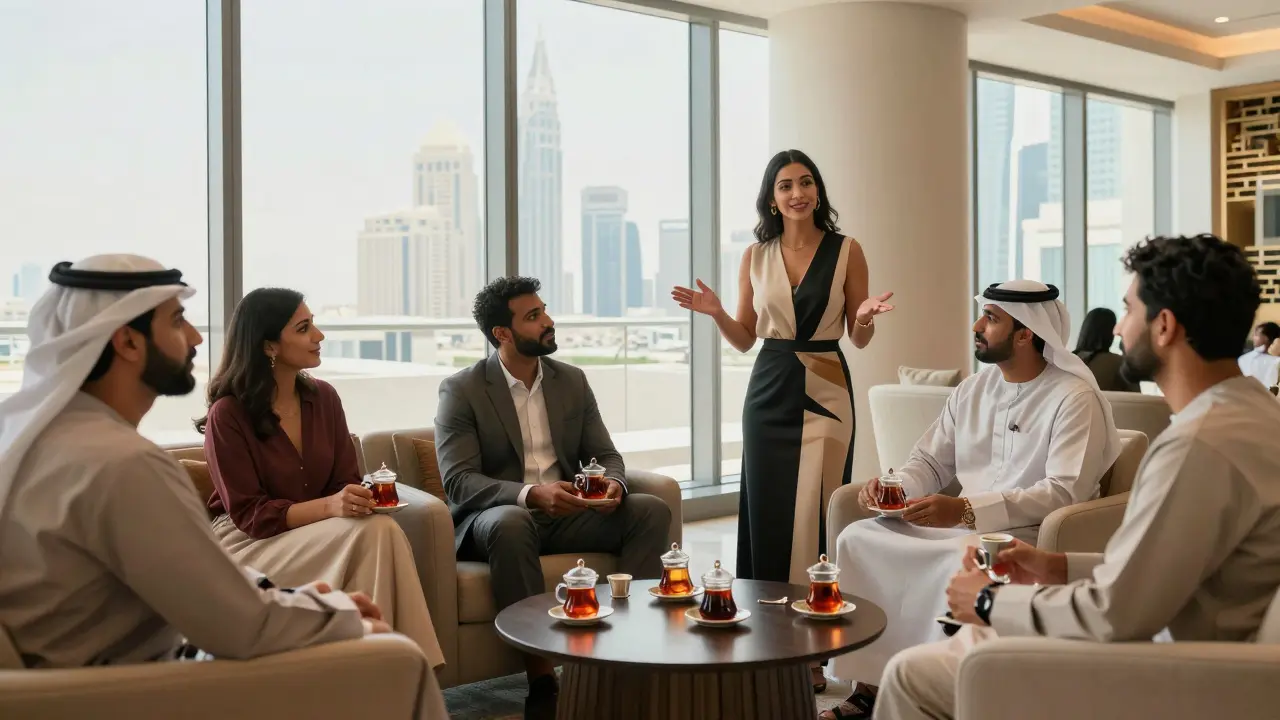 A diverse group enjoys tea in a luxurious Dubai lounge, discussing culture under glowing skyline windows.