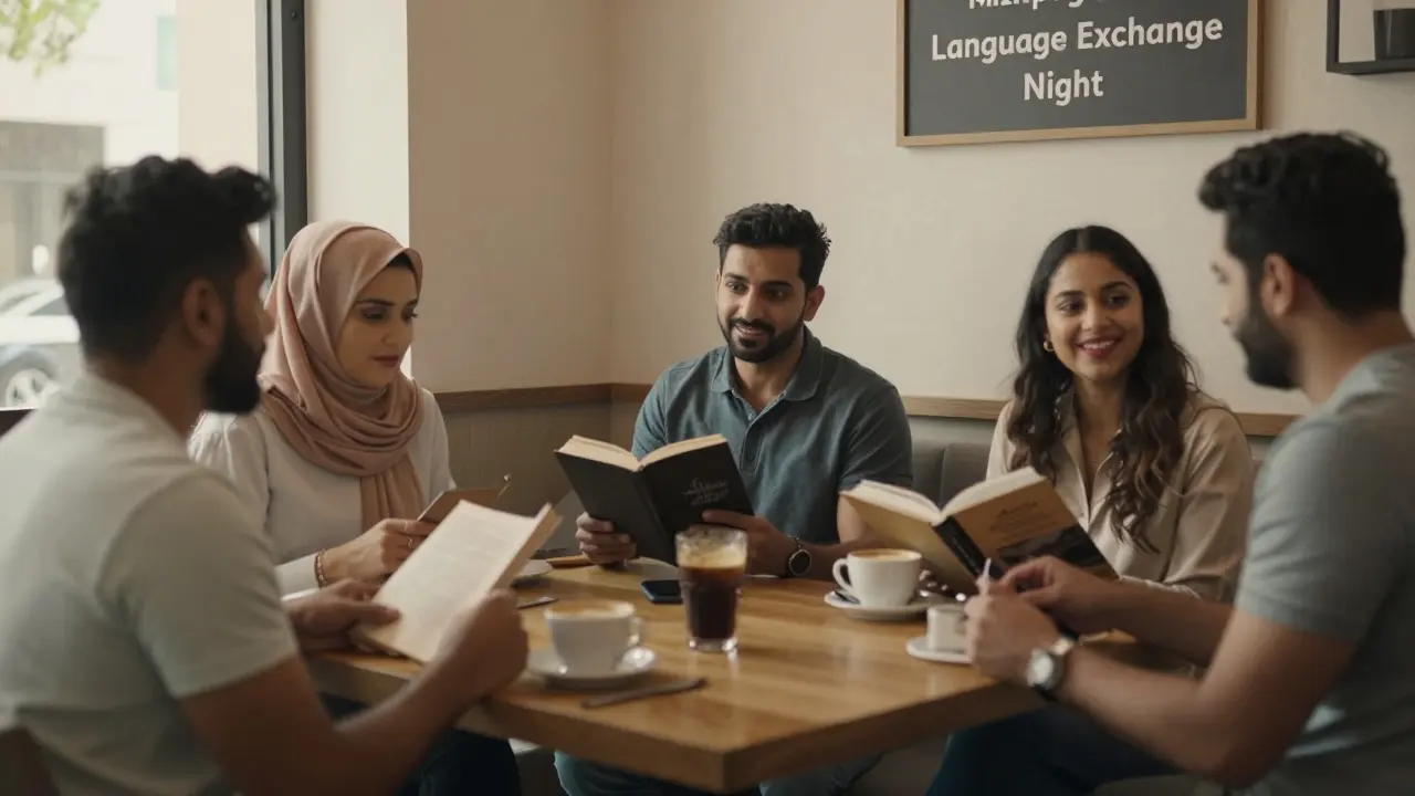A diverse group of expats and locals chat casually over coffee in a quiet Abu Dhabi café, symbolizing safe social alternatives to escort services.