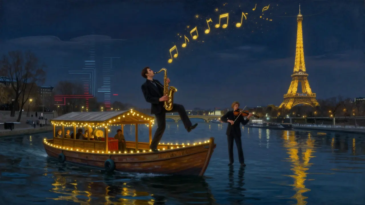 A floating bar on the Seine where jazz notes and electronic sounds blend into a surreal, dreamlike night scene.