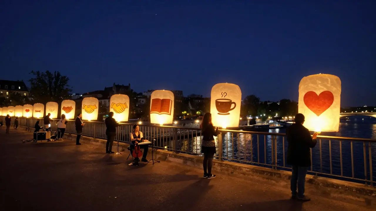 A glowing bridge over the Seine with floating lanterns symbolizing genuine human connection.