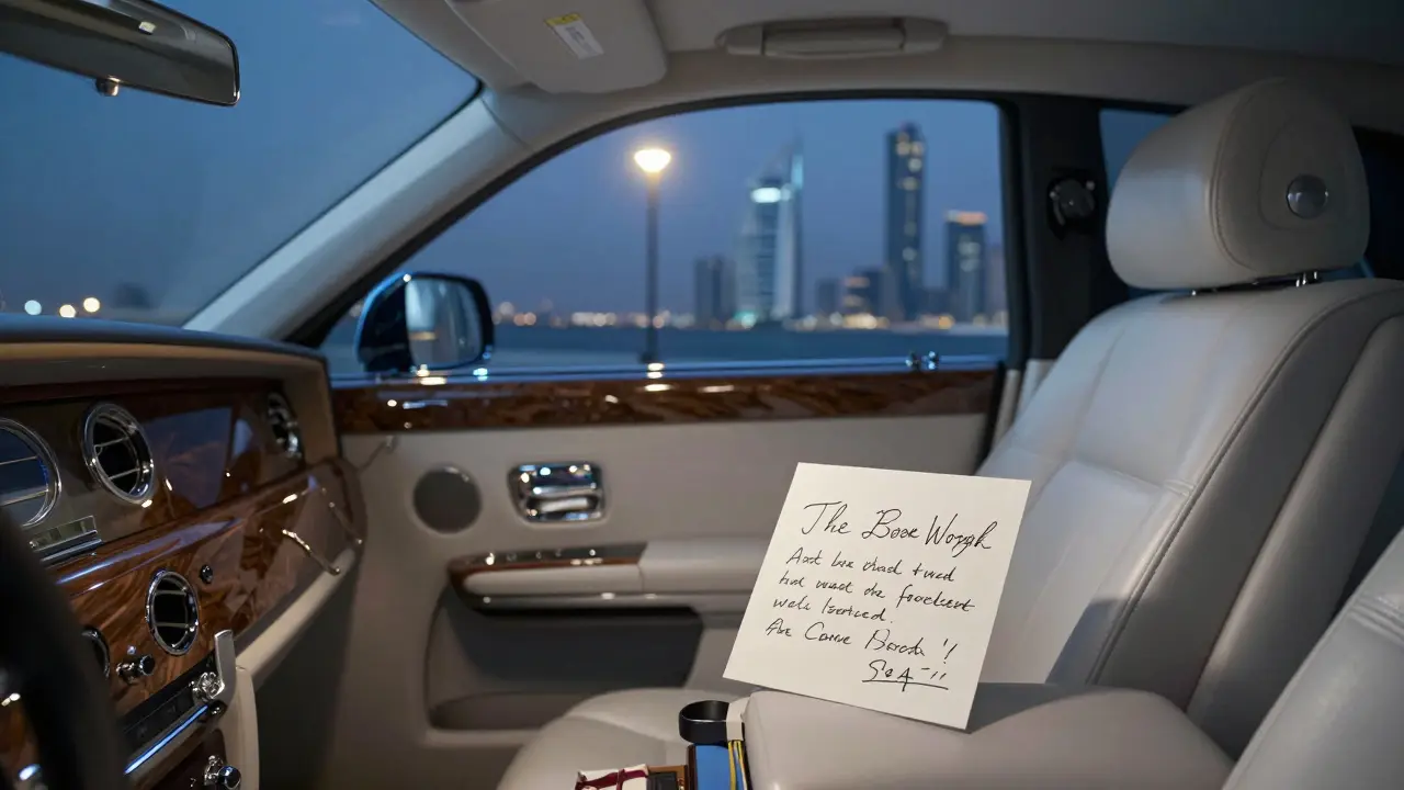 A handwritten note and gift box on a Rolls-Royce seat outside a luxury hotel at night.