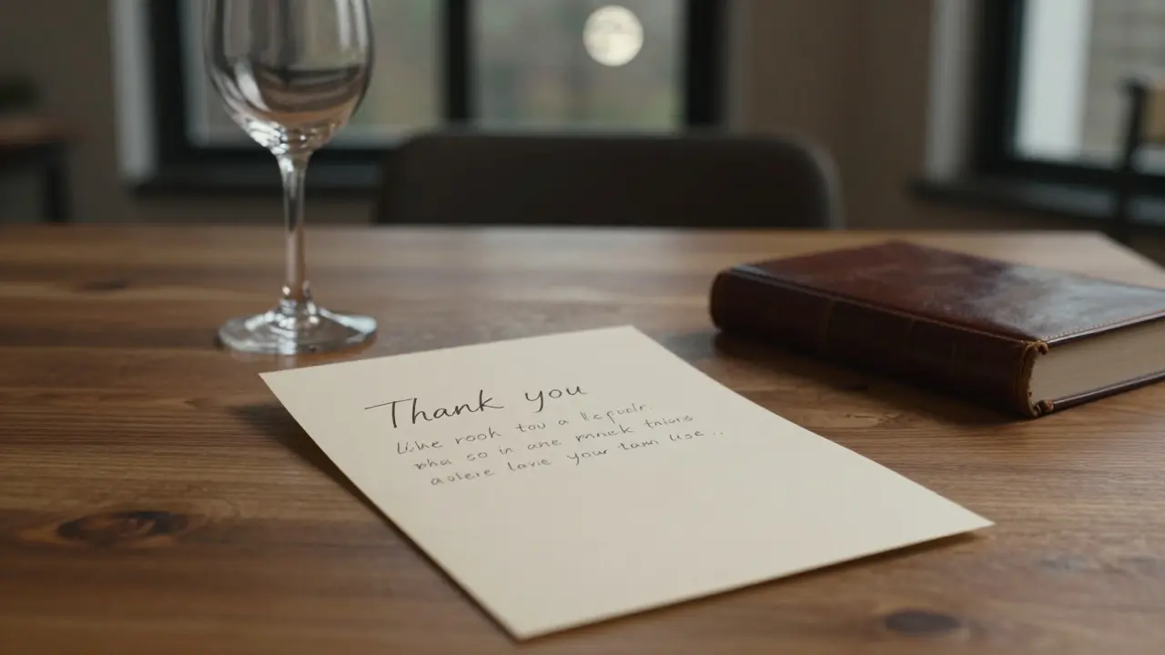 A handwritten note and wine glass on a wooden table, suggesting quiet human connection.