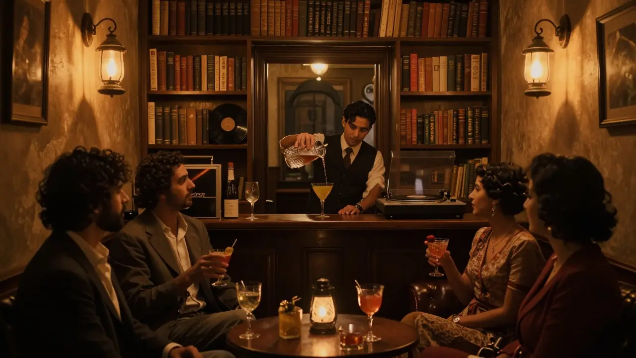 A hidden speakeasy with warm lighting, vintage decor, and patrons sipping cocktails in quiet intimacy.