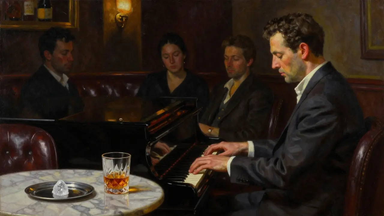 A jazz pianist plays a single note in a dim, intimate lounge while guests sit in quiet reverence, no phones or distractions.