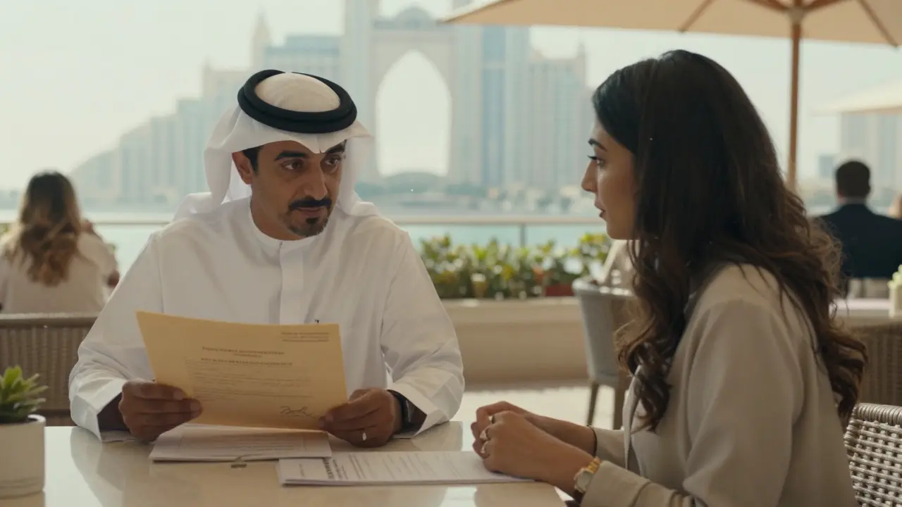A lawyer and a woman at a café in Dubai, documents on the table, morning light highlighting their silent connection.
