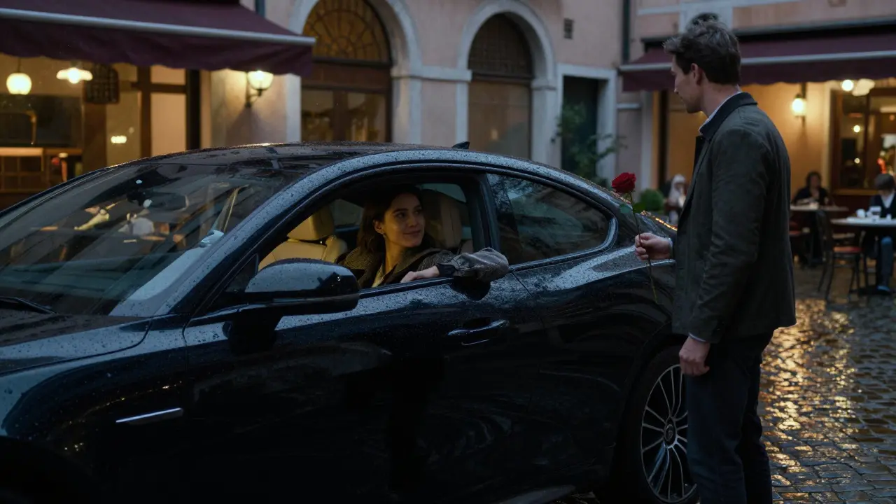 A luxury car parked at night in Navigli, a woman inside glancing out as a man waits outside holding a rose.