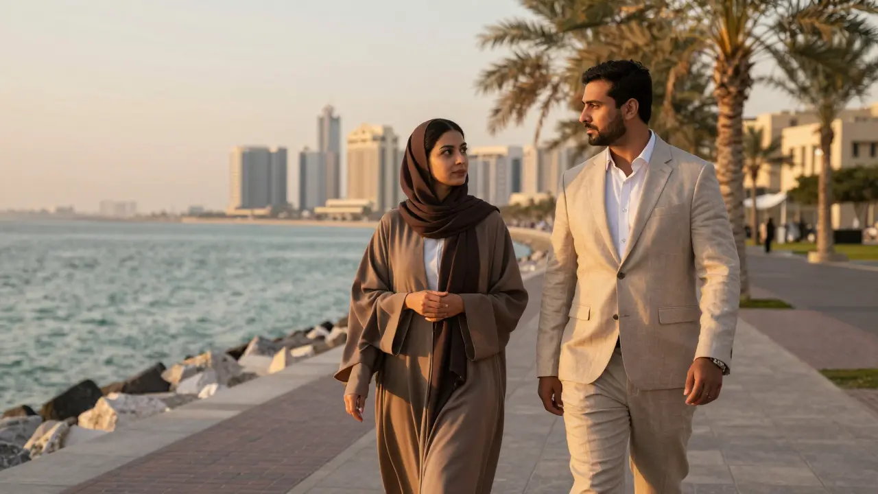 A man and woman walking peacefully along Abu Dhabi's Corniche at sunset, engaged in thoughtful conversation.