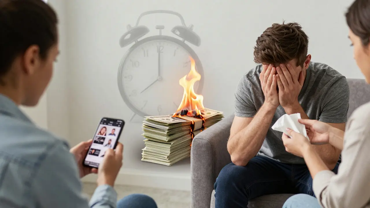 A man torn between online escort profiles and a therapy session, symbolizing emotional conflict and hidden pain.