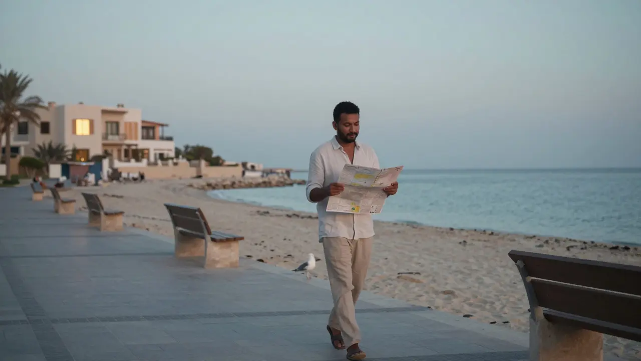 A man walking alone along a serene beach promenade at sunrise in Abu Dhabi.