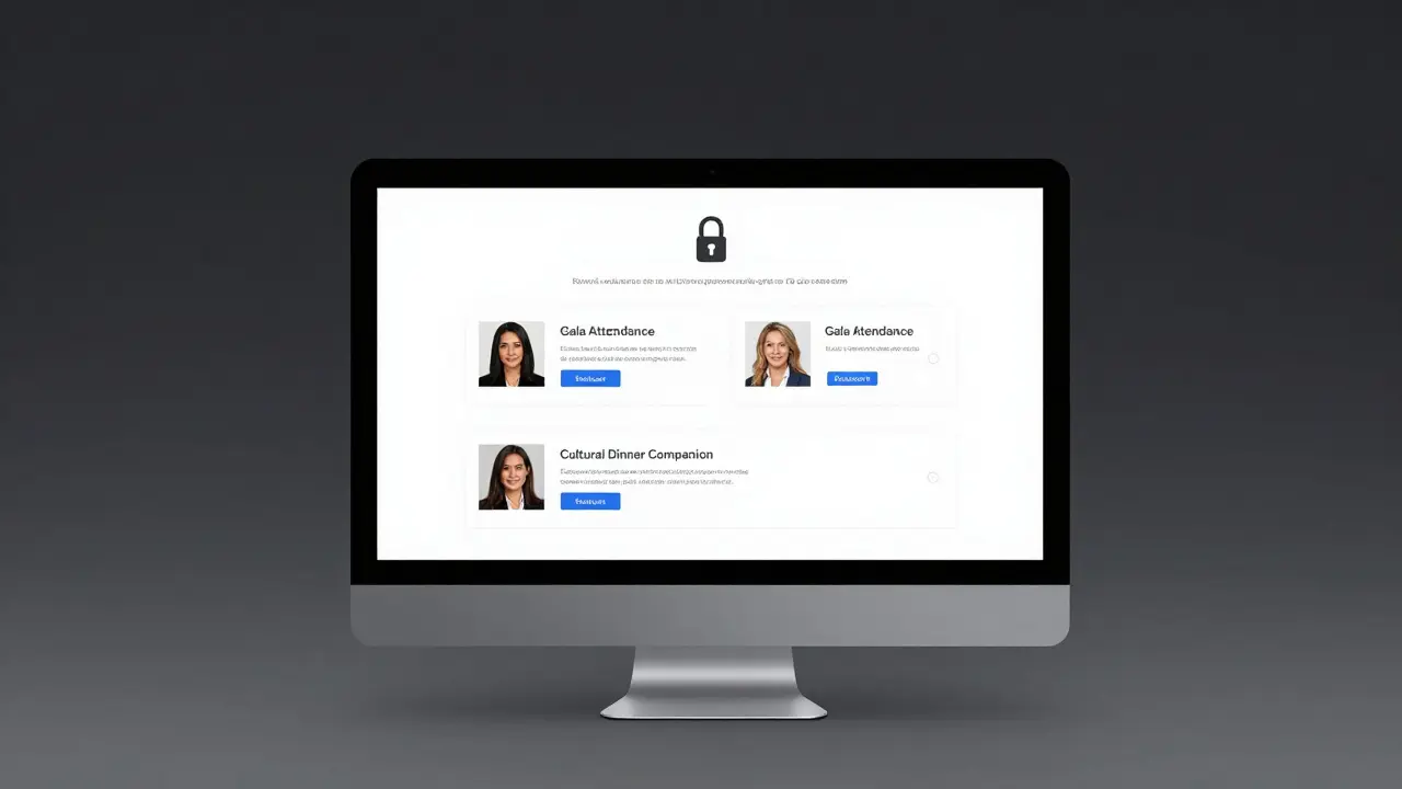 A minimalist professional companion service website with encrypted booking form and no explicit imagery.