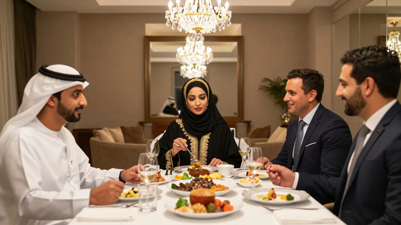 A multicultural group enjoying a formal dinner in Abu Dhabi with respectful interaction.
