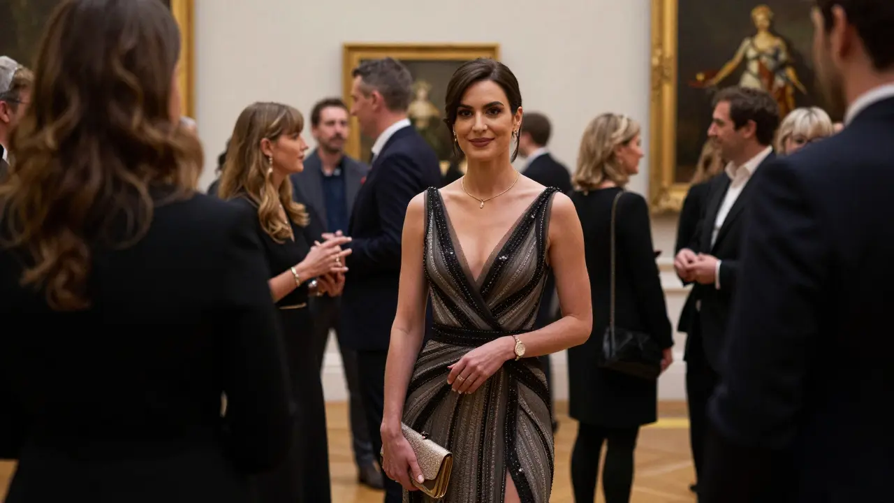 A poised woman arriving at an upscale art gallery event in Knightsbridge, blending into the crowd.