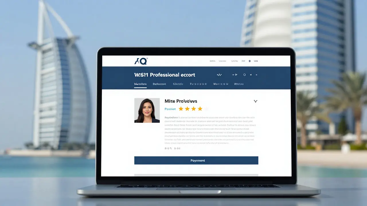 A professional escort agency's verified website with client reviews and secure payment options displayed on a laptop.