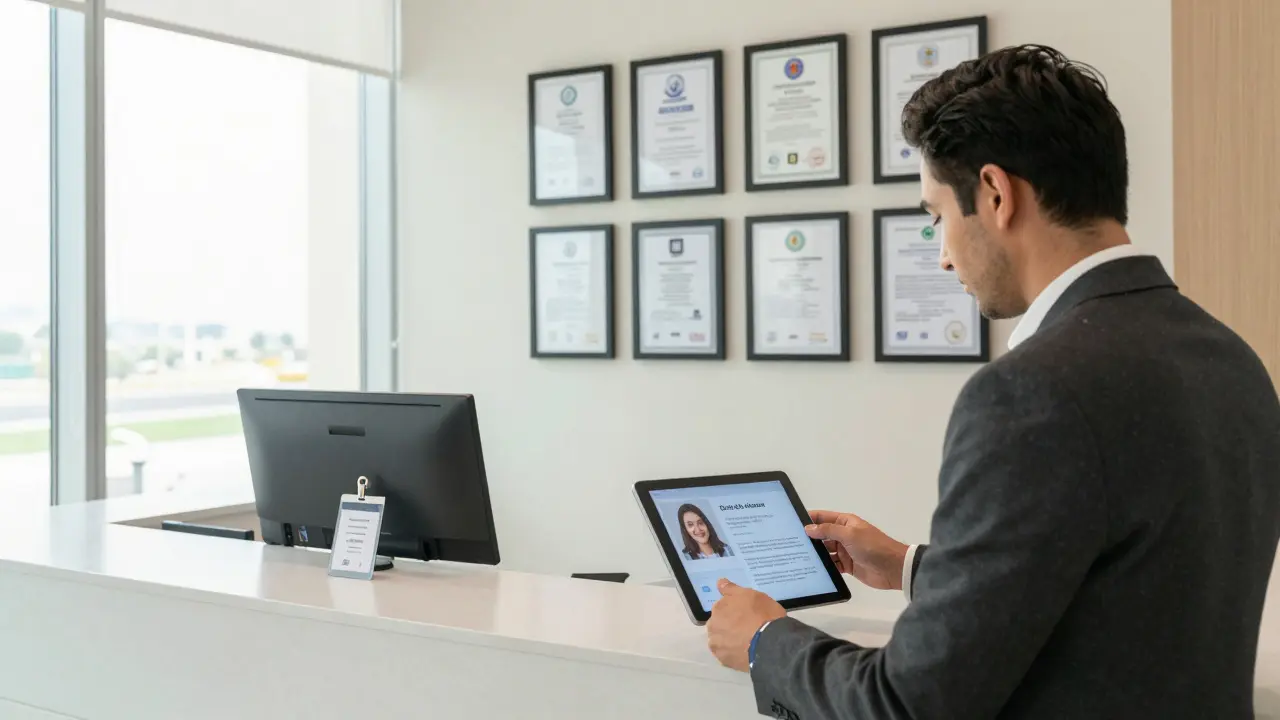 A professional escort agency office displaying verified credentials and health certifications on a monitor.