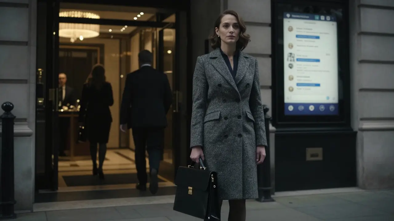 A professional escort walks away from a luxury hotel, blending into the city as clients come and go behind her.