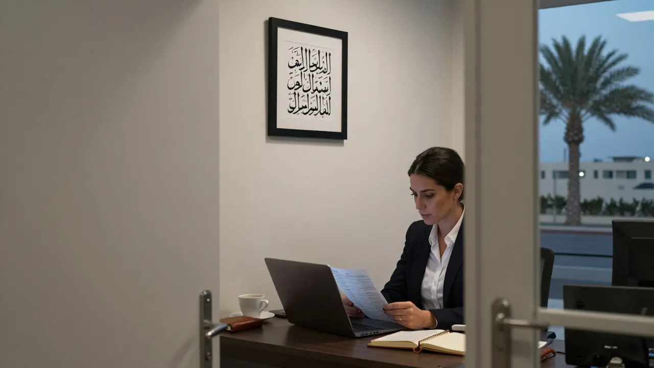 A professional in a discreet agency office reviewing client notes with no visible branding.