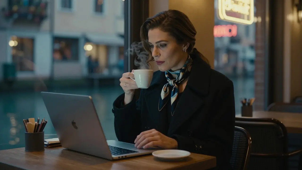 A professional woman in a black coat waits at a Milan café at dusk, quietly using her laptop in the dim glow of neon lights.