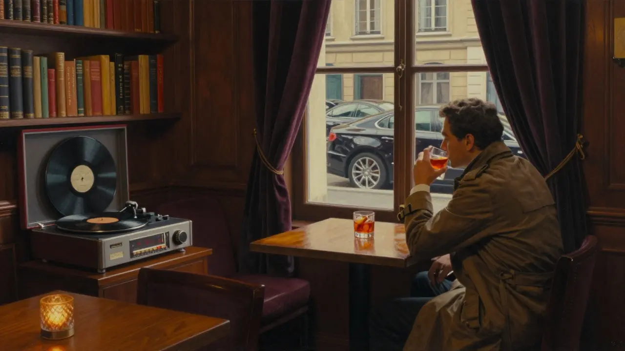 A quiet hidden lounge with vintage books, a spinning vinyl record, and a lone figure drinking by a curtained window.