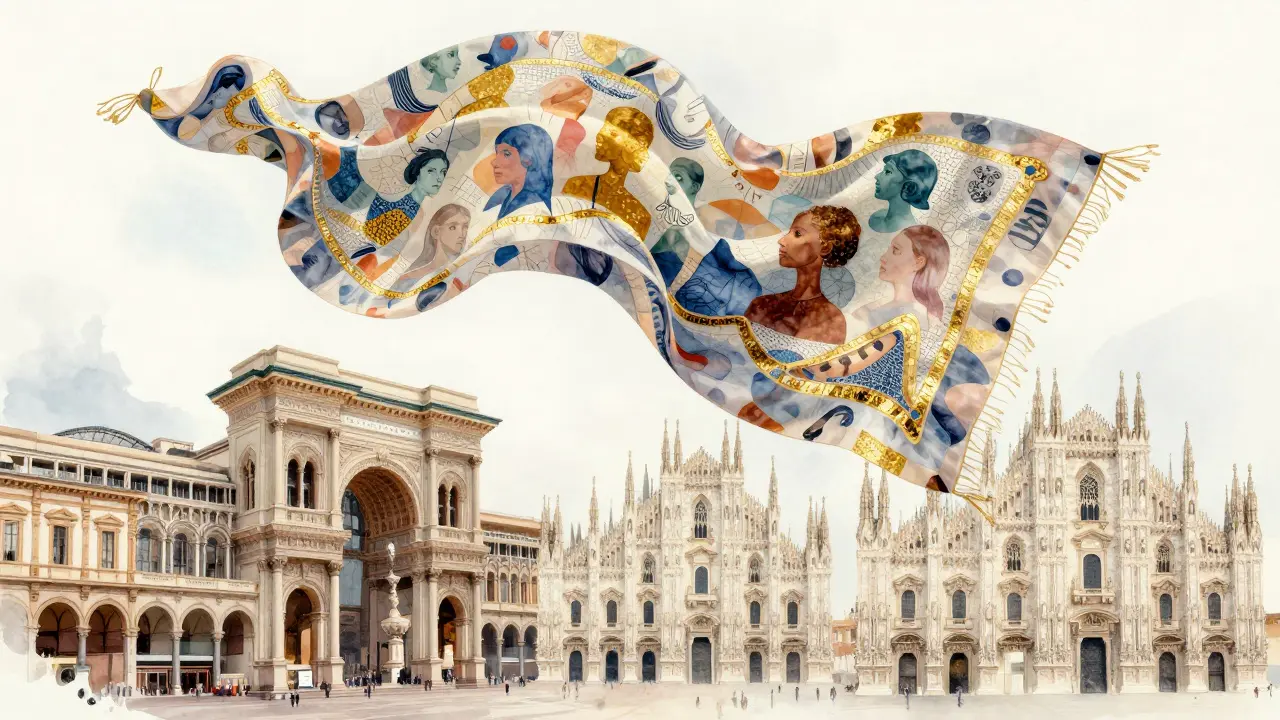 A silk scarf drifting above Milan's landmarks, translucent faces woven into the scene, symbolizing emotional connection.