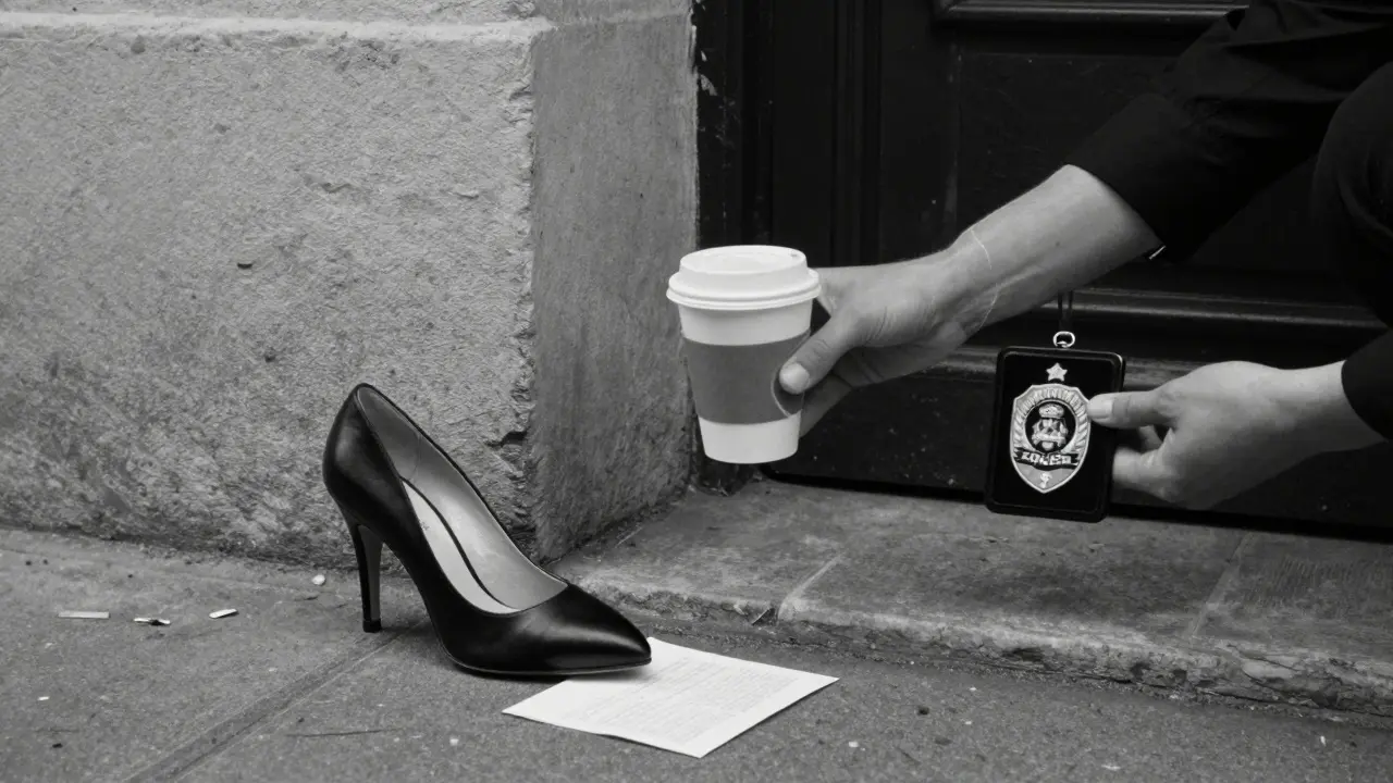 A single high-heeled shoe on a Paris street beside a note, with ghostly hands offering coffee or a police badge.
