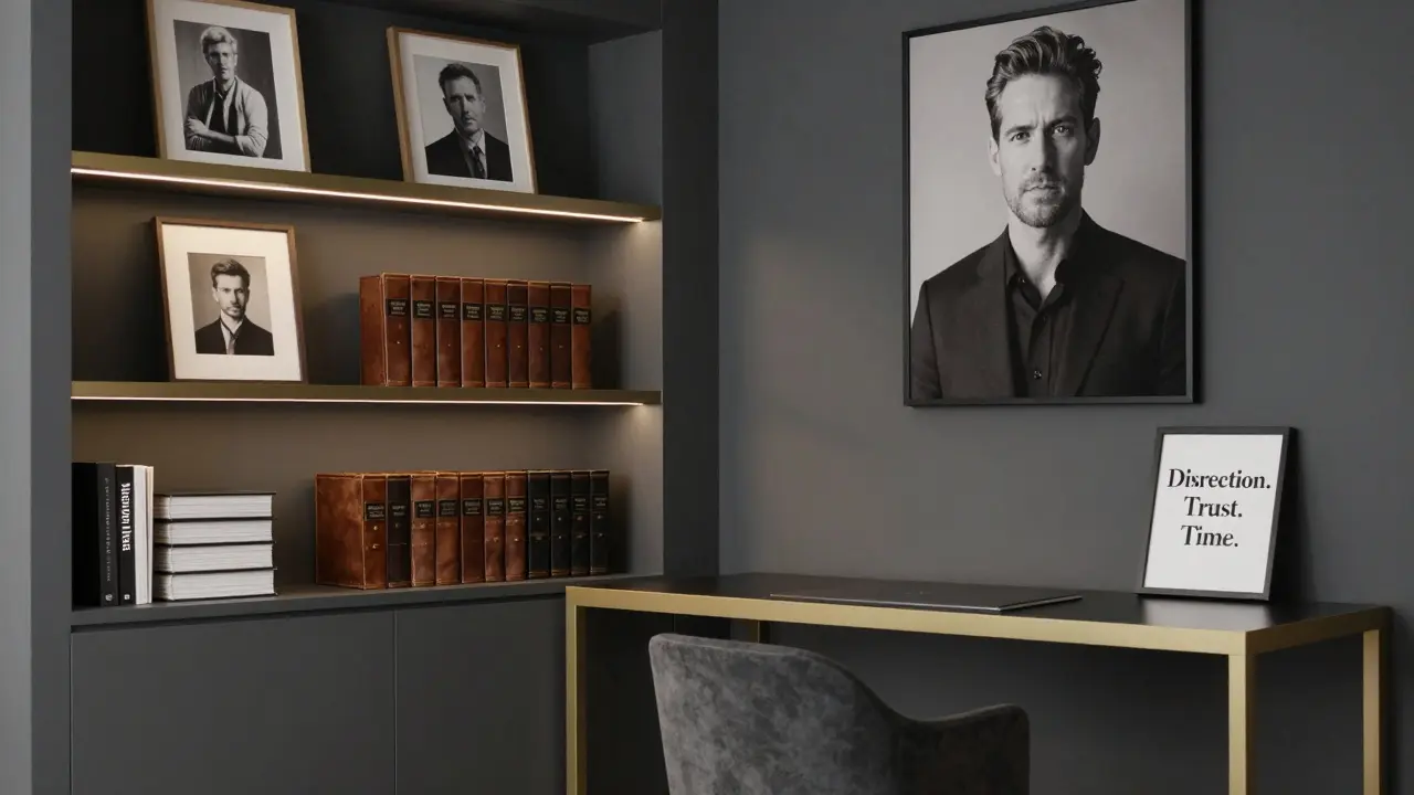 A sleek, minimalist escort agency office with art books and a single portrait on the wall, exuding discretion and elegance.