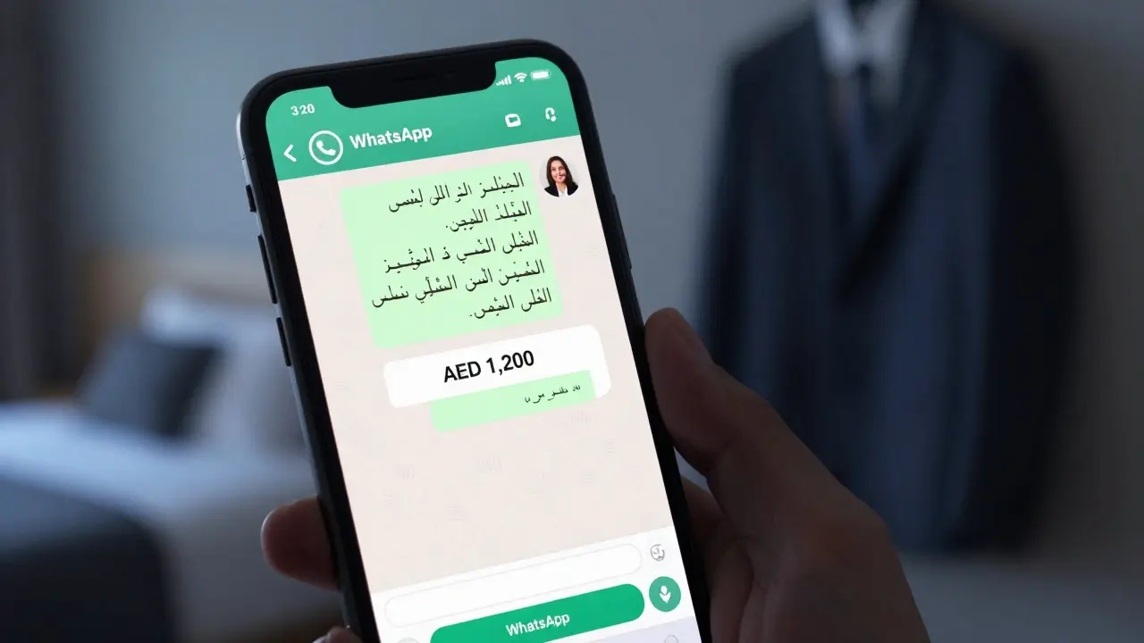 A smartphone screen displays an encrypted WhatsApp chat with payment confirmation for an escort service, blurred hotel room in background, no faces shown.