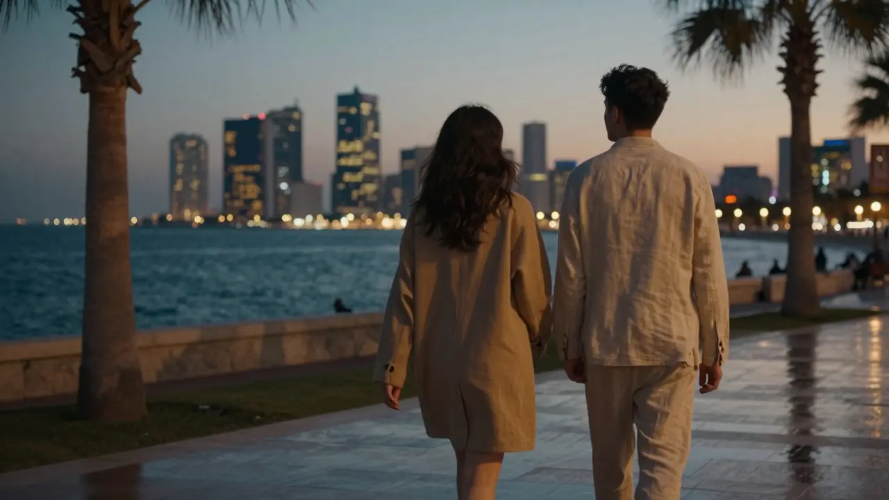 A woman and companion walking peacefully along the Corniche at dusk, silhouetted against the glowing city skyline.