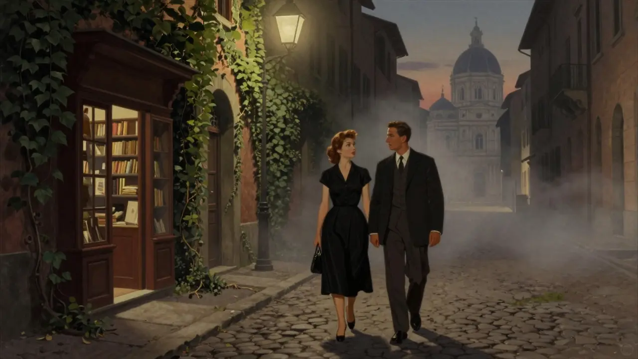 A woman and man walk together through the historic Brera district at dusk, surrounded by hidden bookshops and soft mist.