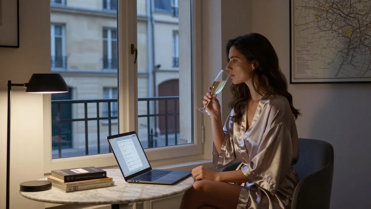 A woman in a silk robe sips champagne in a Paris apartment, a secure messaging app visible on a laptop.