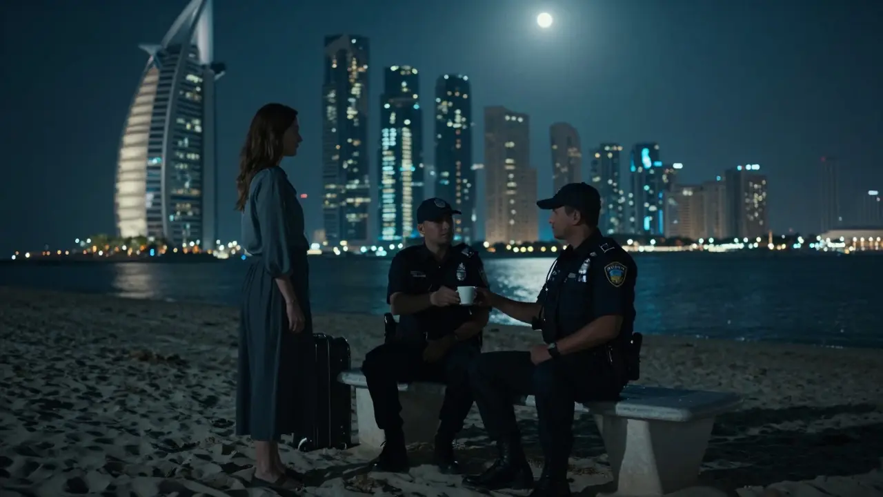 A woman on a Dubai beach at night with two police officers on a bench, suitcase beside her, serene and solemn mood.