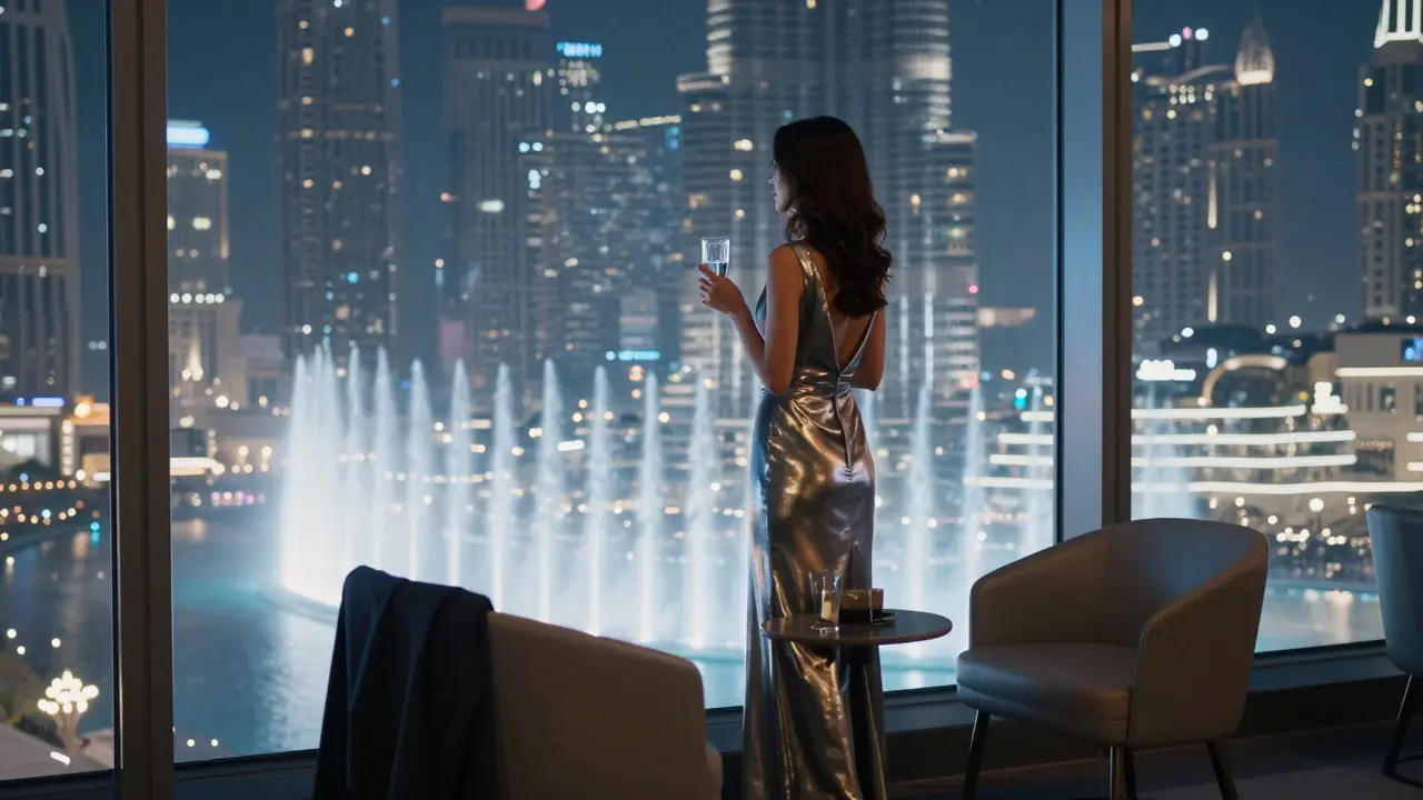A woman standing alone at the Burj Khalifa's highest lounge, gazing at the city skyline at midnight, evoking quiet companionship.