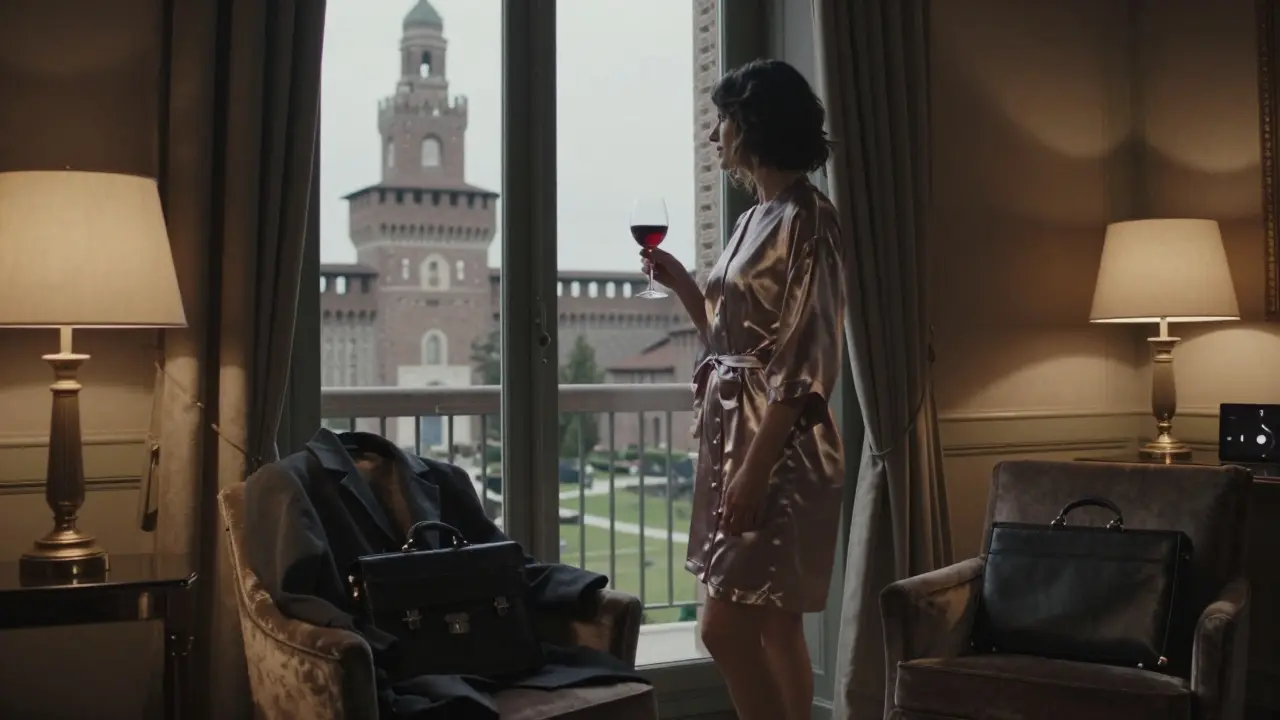 A woman stands alone in a luxurious Milan apartment, gazing at the castle at night.