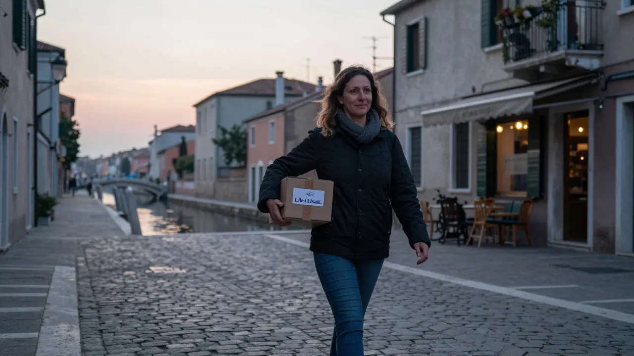 A woman walks through Navigli at dawn, carrying a box of used books, sunrise behind her.