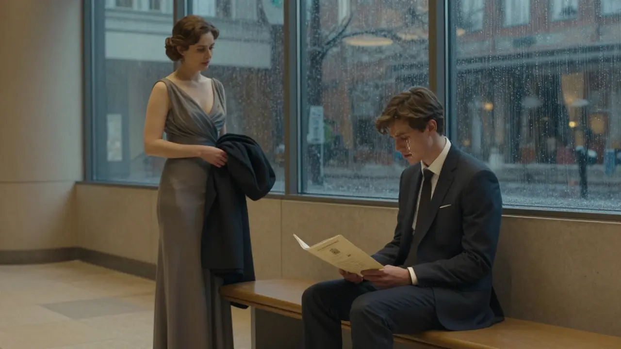 A young man weeps alone in a concert hall lobby as a woman watches with quiet compassion.