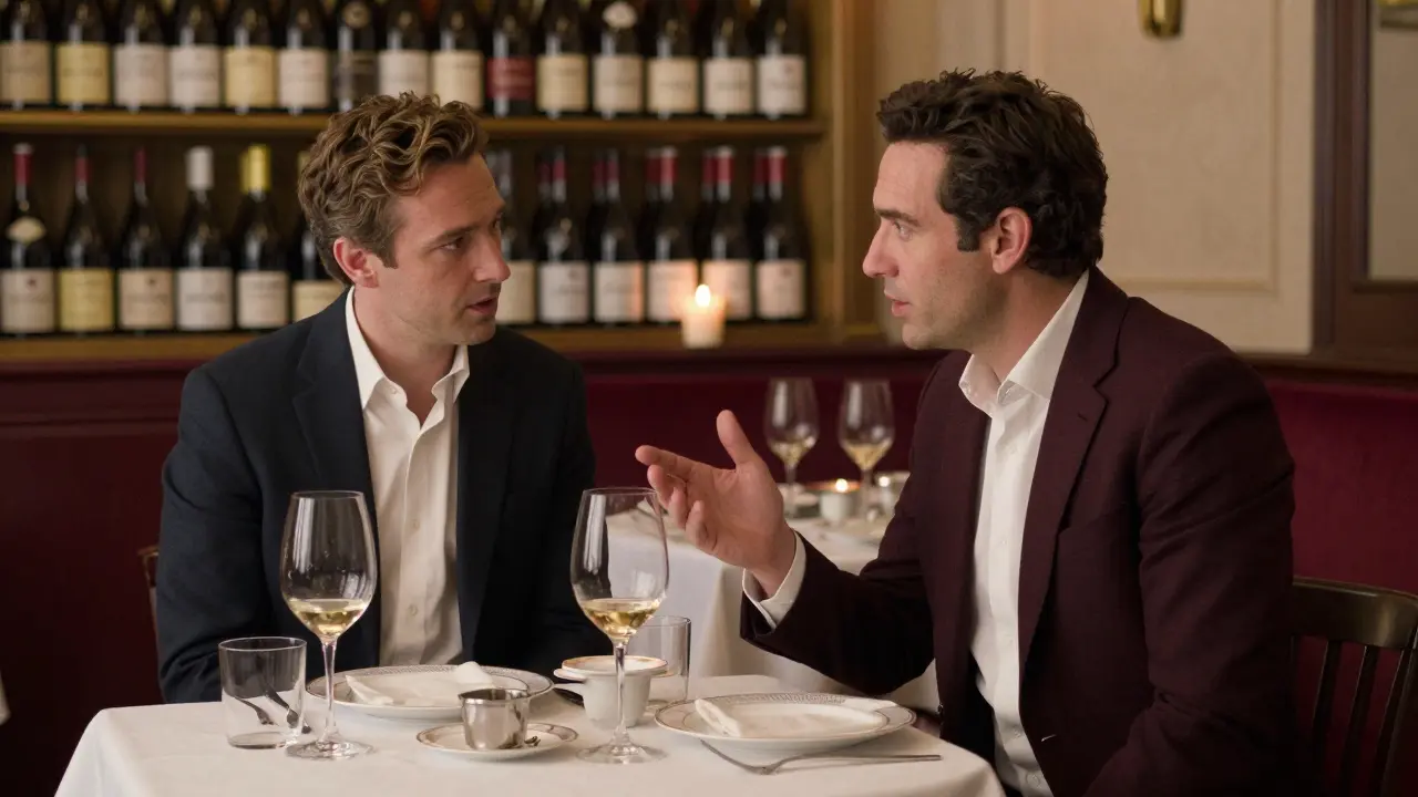 An elegant dinner in a Michelin-starred Paris restaurant, companions engaged in thoughtful conversation about wine.