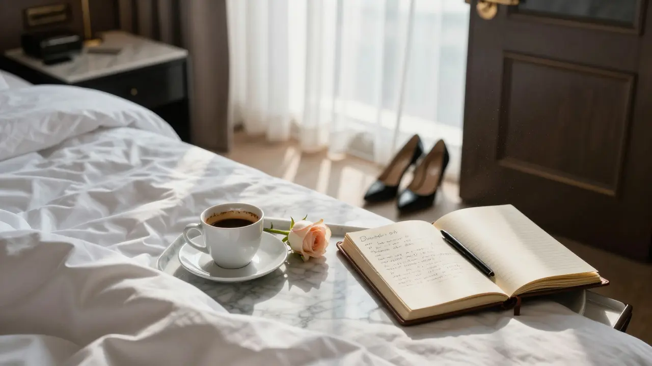 An empty luxury hotel room at dawn, with a cooling espresso, open journal, and a single rose on the nightstand.