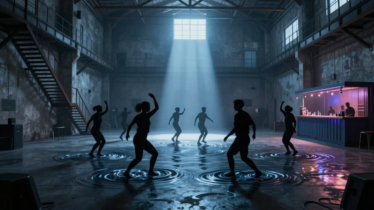 An industrial warehouse rave with silhouetted dancers moving to deep bass, concrete walls and blue lighting.