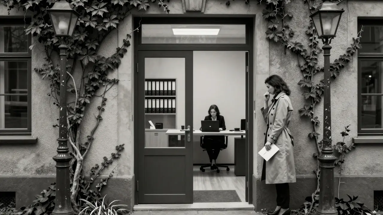 An unmarked door in a quiet Berlin courtyard leads to a discreet high-class escort agency office.