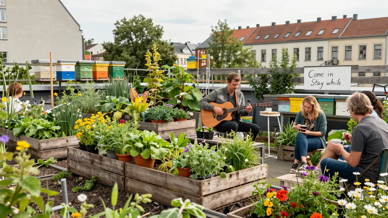 Community garden in Kreuzberg with people sipping tea, fresh herbs, and live jazz on a wooden crate under the afternoon sun.