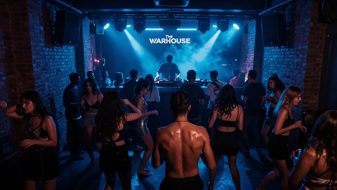 Crowd dancing in a dim, brick-walled nightclub with pulsing lights and deep house music.