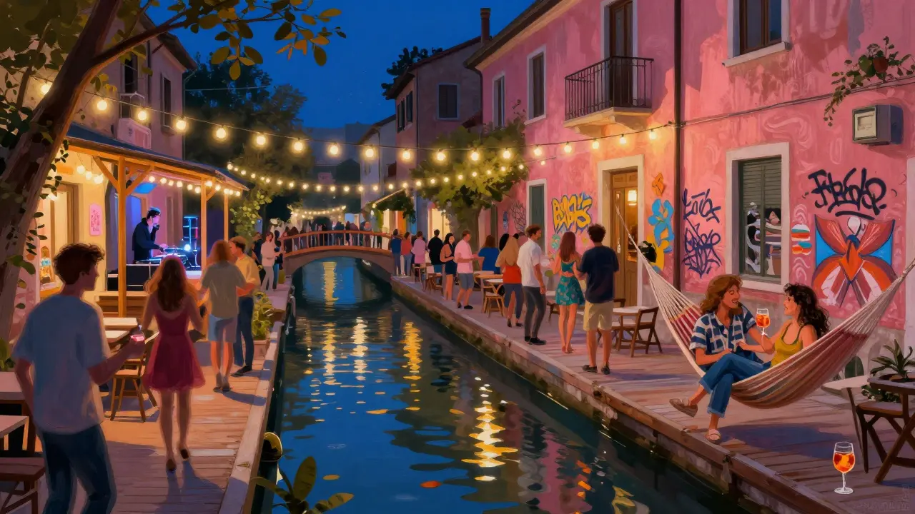 Crowds dancing by canal-side bars in Navigli, string lights and graffiti glowing under night sky.