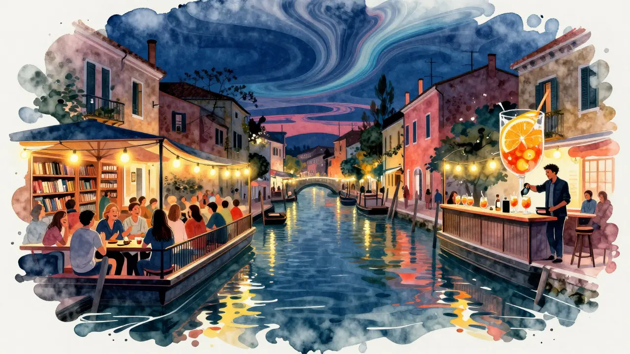 Crowds enjoying spritzes under string lights beside Milan's Navigli canals after midnight.