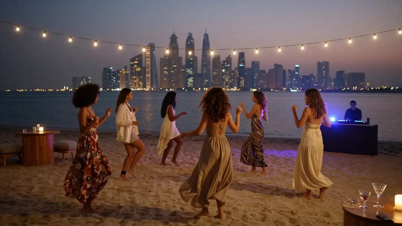 Diverse group of women dancing on the beach at JBR under string lights and skyline reflections at night.