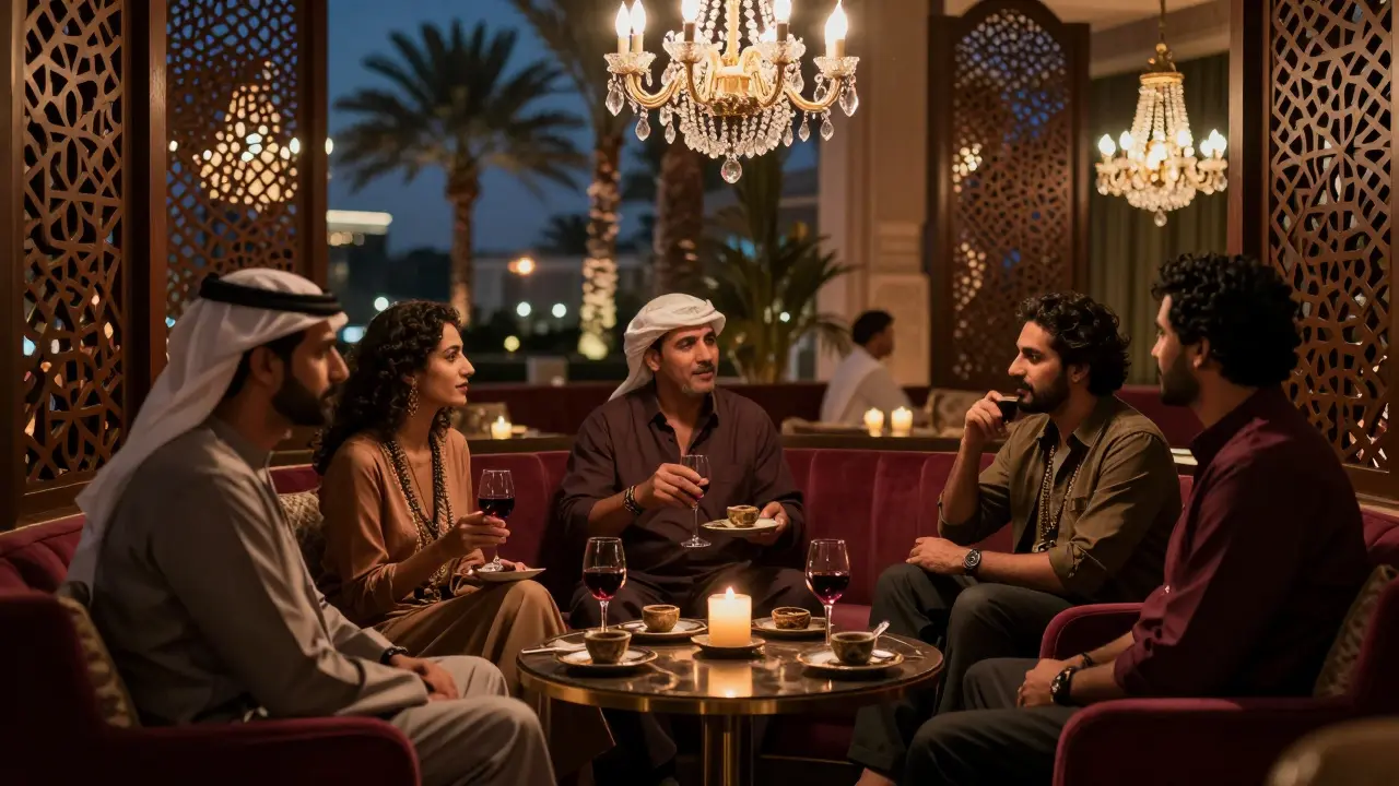 Expats sharing quiet conversation in an elegant lounge at Emirates Palace, surrounded by soft candlelight.
