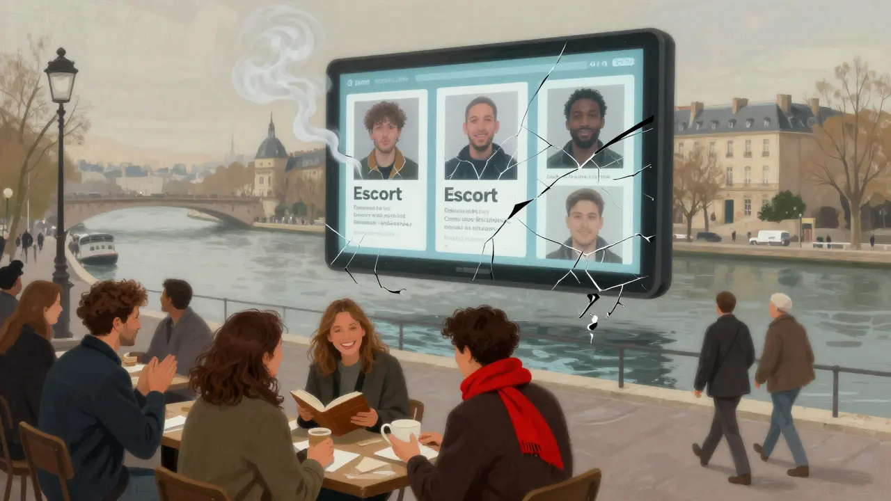 Fake escort ads dissolving into smoke above the Seine, while real people enjoy authentic moments nearby.